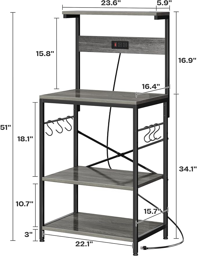 SUPERJARE Kitchen Bakers Rack with Power Outlet, Coffee Bar Table 4 Tiers, Kitchen Microwave Stand with 6 S-Shaped Hooks, Storage Shelf Rack for Spices, Pots and Pans - Charcoal Gray