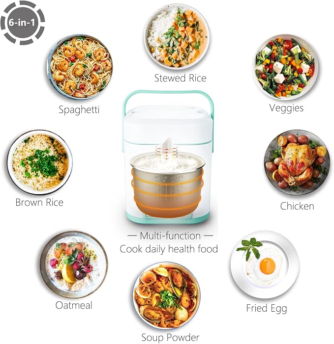 TLOG Mini Rice Cooker, 1.2L with Ceramic-Coated Pot, 2.5-Cup Uncooked | Food steamer, 12-hour delay timer, compact size for 1-2 people, for rice, grains, oatmeal, dorm rooms and travel