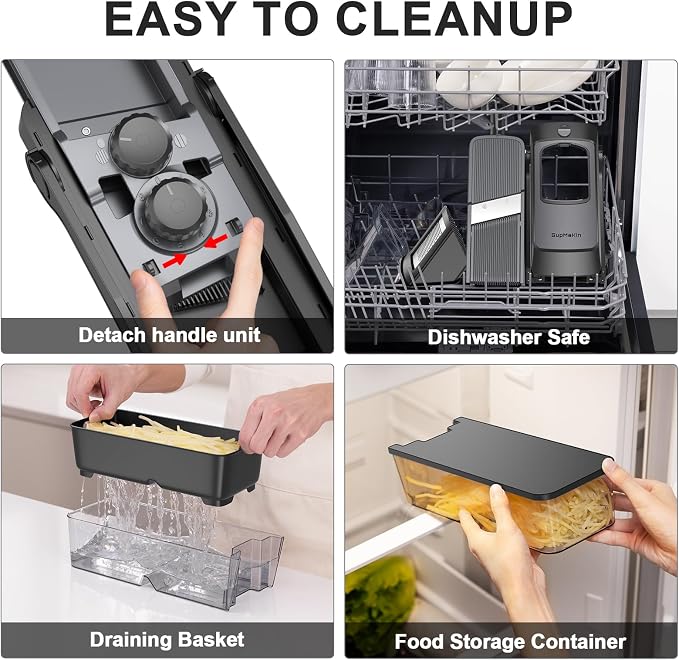 SupMaKin 2026 Upgrade Safe Mandoline Slicer,Multi Vegetable Chopper,Potato Slicer, Onion Chopper with Drain Basket Storage Container, Cheese Grater Kitchen Chopping Artifact (Black)