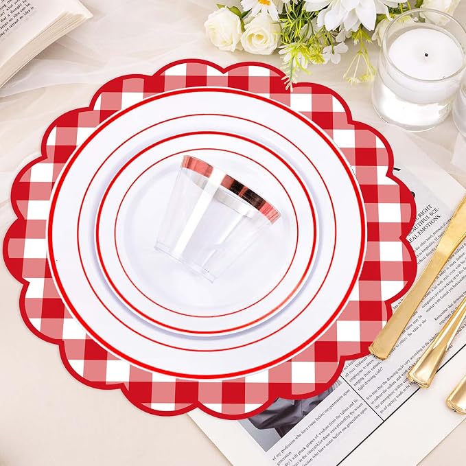 50Pcs Checkered Paper Placemats Red Gingham Place Mats 13.5 Inch Scalloped Checkered Place Mats Disposable Table Placemats for Baby Showers Wedding Birthday Tea Parties Dinner Table Decorations