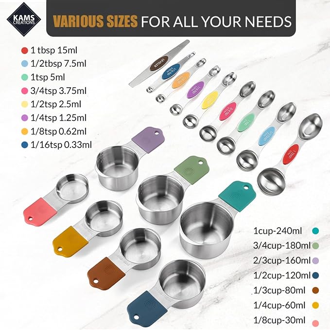 16PCS Magnetic Measuring Cups and Spoons Set with Leveler – Strong N52 Magnets, Premium 304 Stainless Steel, Double Sided Measuring Spoons, Easy to Read Engraved Measurements for Baking & Cooking