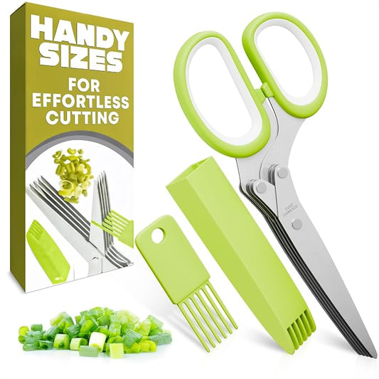 Herb Scissors with 5 Blades and Cover, Cleaning Brush, Even Cuts | Cilantro Cutter for Kitchen, Stainless Steel with Non-Slip Handle; Green Onion Scissors for Parsley, Salads and Greens