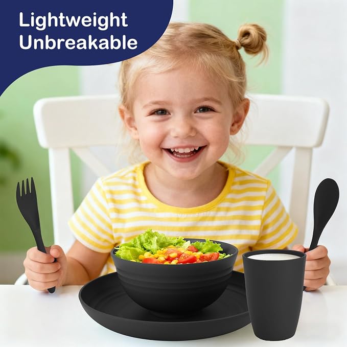 Wheat Straw Dinnerware Sets, Unbreakable Kids Plates and Bowls Sets 20-Piece Service for 4, Alternative Plastic Outdoor Camping Dishes, Microwave & Dishwasher Safe - Black