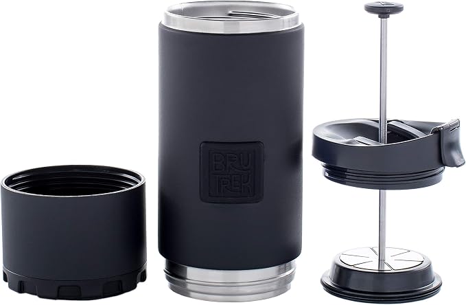 BruTrek | OVRLNDR Travel French Press | 24 fl.oz Drinkable Lid | Black | Capacity, Double Wall Vacuum Insulated, Easy To Clean Removable Bottom, No Spill Lid, On The Go Coffee Brewing (Obsidian)