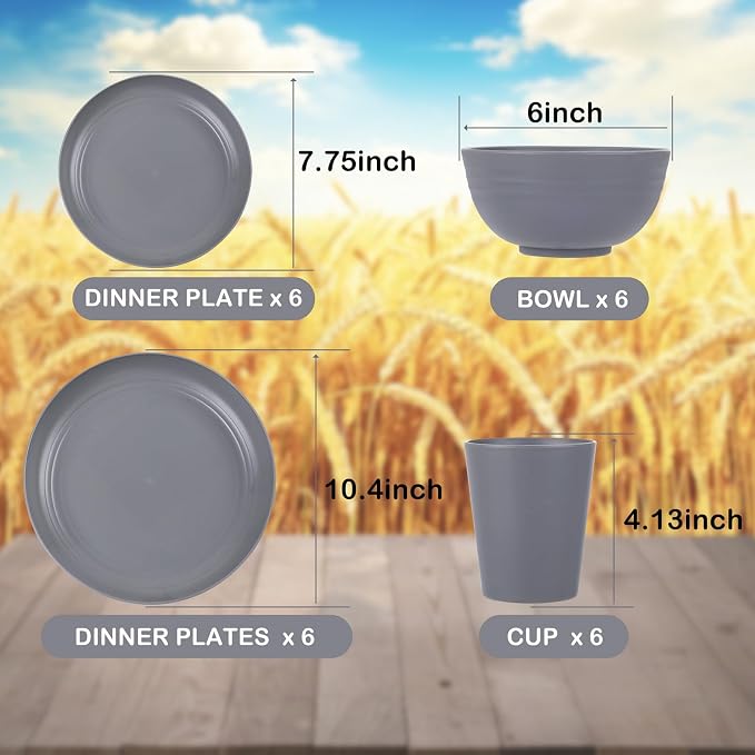 24 Pcs Dark Gray Wheat Straw Dinnerware Set Plates Bowls Cups | Lightweight Shatter-Resistant Reusable Sustainable Dishware For Daily Kitchen Meals Outdoor Patio Dining And Holiday Parties