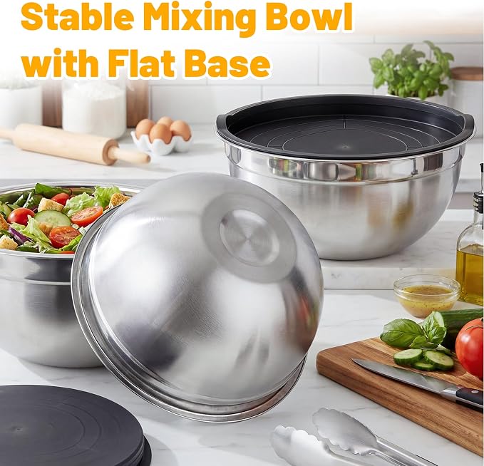 Beasea Stainless Steel Mixing Bowls, 2 Pack 3.4 QT Metal Nesting Mixing Bowls with Black Lids, Stackable Baking Bowl with Lid for Kitchen, Prepping, Serving, Cooking
