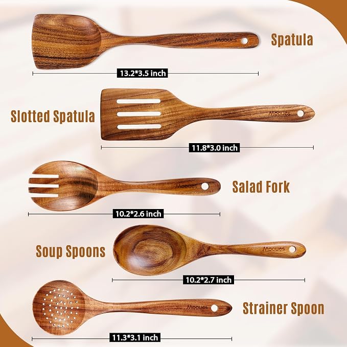 Wooden Kitchen Utensil Set, 5 PCS Natural Teak Wooden Spoons for Cooking | Wooden Spoons for Cooking with Comfort Grip, Smooth Durable Heat Resistant Cooking Spoons and Cooking Utensils for Cooking