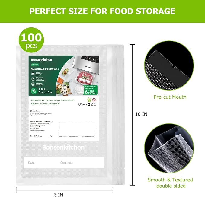 Bonsenkitchen Precut Vacuum Food Sealer Bags 100 Pint 6" x 10", BPA Free | Commercial Grade Textured Food Vacuum Sealer Bag, Thick Embossed Bags for Food Storage and Sous Vide Cooking