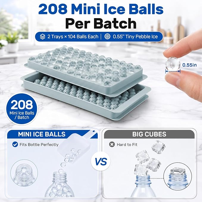 Mini Ice Cube Trays with Lid & Bin, Tiny Pebble Ice Balls for Coffee | Make 208 Mini Ice Balls with 2 Trays, Easy Release, Stackable, Scoop Included, for Iced Coffee, Drinks and Daily Use