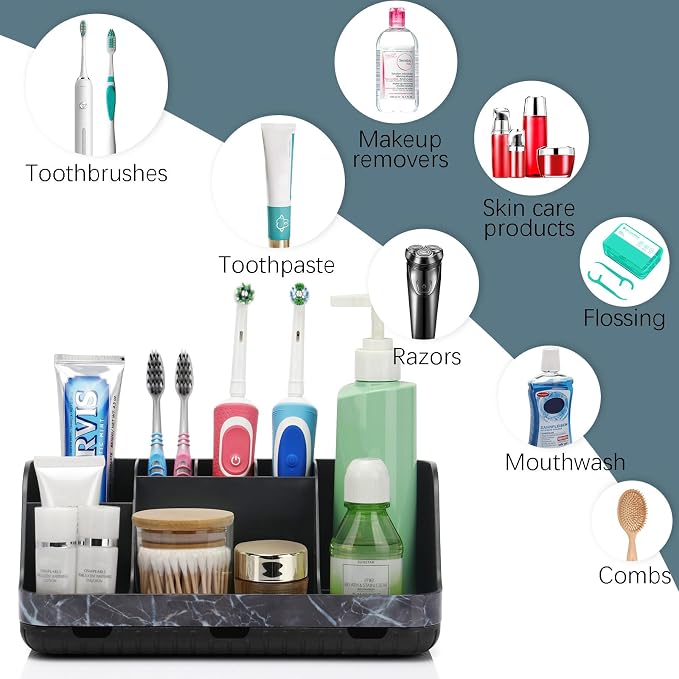 GFWARE Marble Black Toothbrush Holder for Bathrooms, Bathroom Sink Storage | Detachable 7 Slots Kid Electric Toothbrush and Toothpaste Holder, Bathroom Sink Accessories Storage Caddy Marble-Look, Black