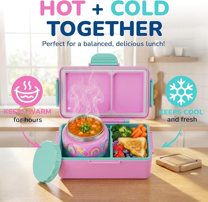 Bento Lunch Box for Kids–12oz Insulated Stainless Steel Soup Jar and Built-in Ice Pack, 3-Compartment Leak-Proof Kids Bento Box for Girls Boys School Travel