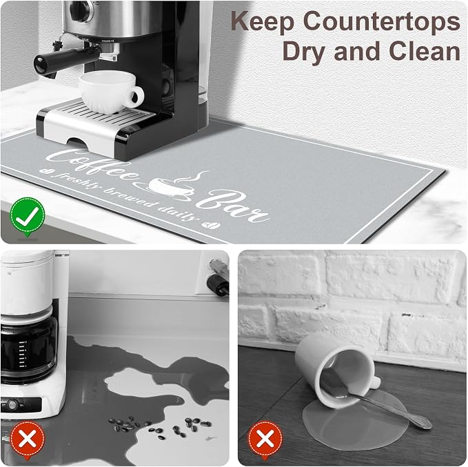 CooRug Fashion Coffee Mat, Dish Drying Mat 12" x 20" Light Grey | Hide Stain, Absorbent, Coffee Bar Accessories, Heat Resistant, Non-slip, Eco-friendly, Easy to Clean