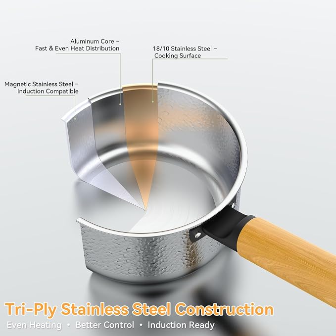 WANGYUANJI 1.8 Quart Stainless Steel Saucepan with Lid, Tri-Ply Steel Small Sauce Pan, Coating-Free Interior, Hammered Finish, Induction Compatible Soup Pot with Tempered Glass Lid & Wood Handle