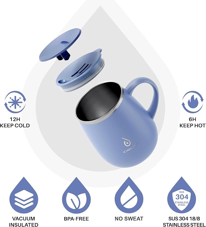 Ideus 16 oz Insulated Coffee Mug with Handle and Lid, Double Wall Stainless Steel Vacuum Thermal Coffee Mug, Travel Coffee Cup Thermal Cup for Home and Office, Ocean Blue 2.0