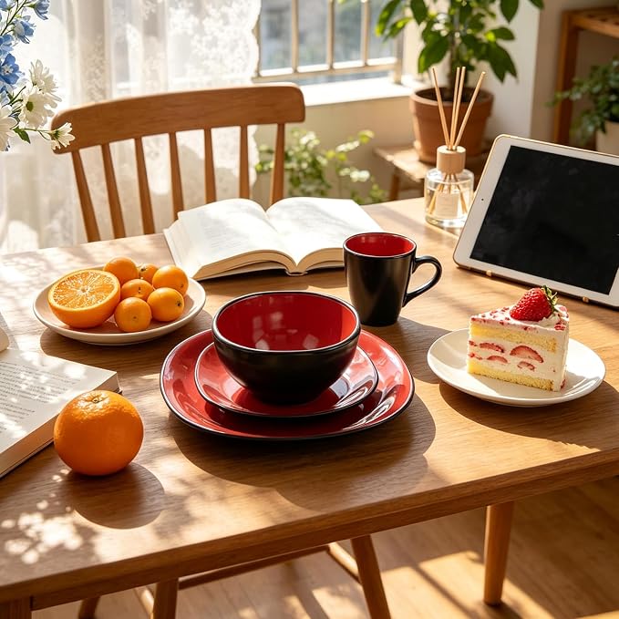 Stoneware Square 16pc Dinnerware Set, Inside Shiny Red + Outside Matte Black
