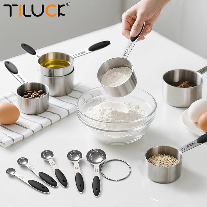 Stainless Steel Measuring Cups and Spoons Set with Silicone Handle – Nesting Design for Space-Saving, Heavy Duty & Dishwasher Safe for Dry/Liquid Ingredients, Cooking & Baking (12)