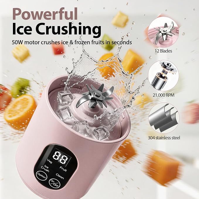 Personal Blender for Smoothies, 580ML USB-C Rechargeable | Portable Blender Cup, 12-Blade Smoothie Maker with Travel Lid, Handle & LED Display for Gym, Office, Travel and Outdoor