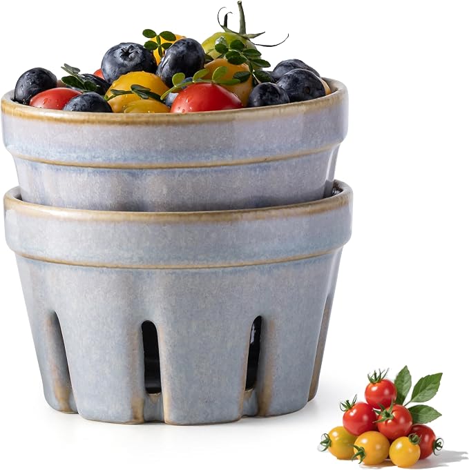 Gomakren Ceramic Berry Basket Set of 2, Small Fruit Bowl Colanders, Gray | Drain Holes Keep Berries Fresh, Stackable, Wash & Serve, Round Strawberry Basket for Fridge Kitchen Counter, Lovely Home Gift
