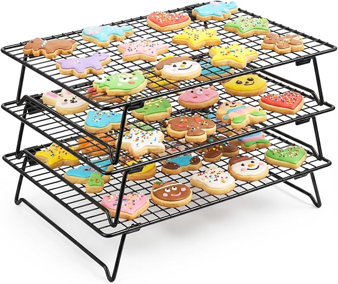 Kifmurase 3PCS Stackable Cooling Rack for Baking, 13.3 x 9.3 Inch Carbon Steel Wire Rack with Folding Legs for Cookie Cake Pizza Jerky, Multi-Use Bread Oven Racks for Cooking Roasting Drying Grilling