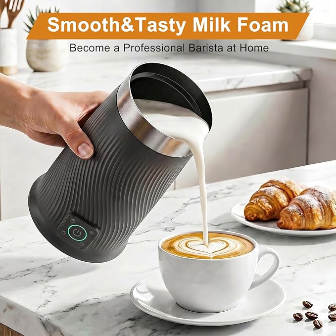 Wowteam Milk Frother, 4-in-1 Electric Milk Steamer, Warm and Cold Milk Warmer and Foam Maker for Coffee, Latte, Cappuccinos, Macchiato, 8.2oz/240ml, Stainless Steel (Black)