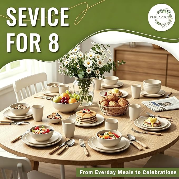 Dinnerware Sets 40 PCS Wheat Straw Plates and Bowls Sets With Cups Service for 8 Microwave Safe Dishes for Kitchen Lightweight Dish Set for RV Outdoor Activities Travel - Beige Colors