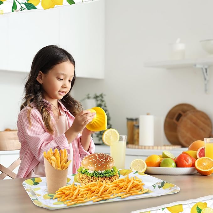 gisgfim 2Pcs Lemon Serving Trays with Handles 16 x 11 Inch Large Melamine Tray Rectangular Yellow Lemon Serving Platter Spring Tray Melamine Dishes for Serving Food Outdoor Dinner Dessert Plates Party