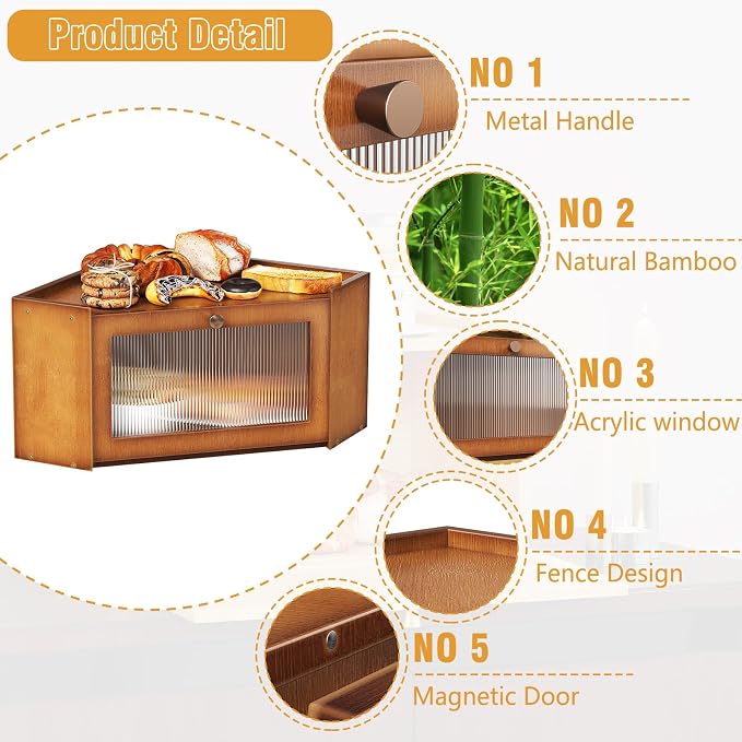 Trironsun Corner Bamboo Bread Box for Kitchen Counter Large Capacity Rustic Bread Storage Container with Wavy Arcylic Transparent Door Vintage Storage for Homemade Bread (Brown)