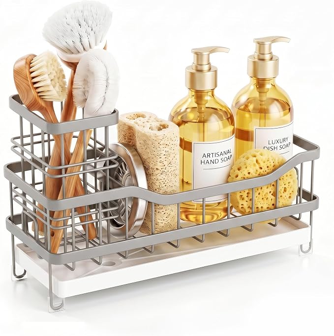Sink Caddy, Sponge Holder for Kitchen Sink, Gray | Self-draining Sink Organizer with Removable Brush Holder, Metal Sponge Rack for Countertop, Fits Soap Dispenser & Scrubber