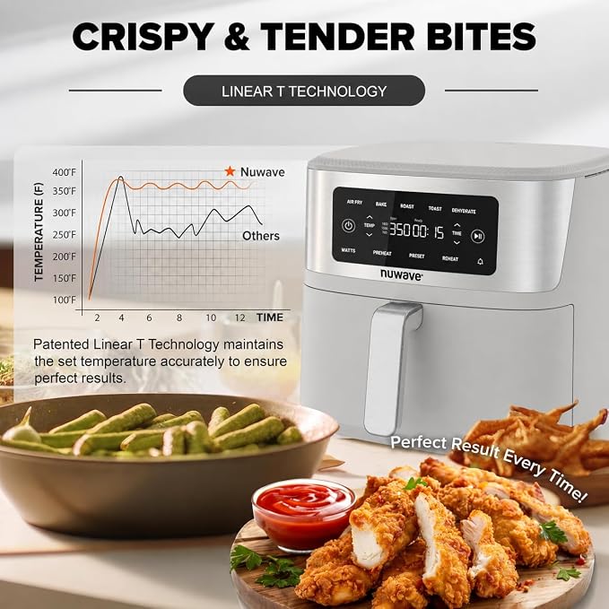 Nuwave Brio Plus 7QT Air Fryer, Extra Crispy Results w/Less Oil, PFAS-Free | Non Toxic, Odor-Free, More Even, 100 One-Touch Presets, 6-in-1: Air Fry, Bake, Roast, Toast, Dehydrate & Reheat, 50°F–400°F