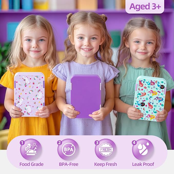 Bento Lunch Box for Kids, 5/6 Compartments, 3 Cups, Purple | Dishwasher Safe, Back to School Snack Bento Lunch Containers Boxes, Ideal Portion Sizes for On-the-Go Meal, Ages 3+, School
