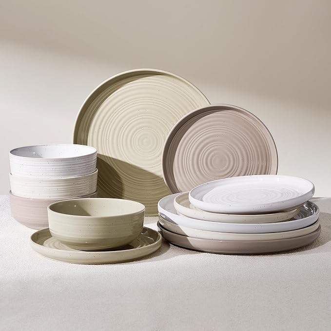 Stoneware Dinnerware Set for 4, Plates & Bowls, Multicolor | 12-Piece Ceramic Speckled Spiral Dishes, Chip & Scratch Resistant, Microwave & Dishwasher Safe, Everyday Use, Farmhouse Style