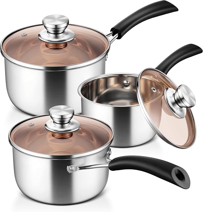 LIANYU 1QT & 2QT & 3QT Saucepan Set with Lids, 18/10 Stainless Steel Sauce Pan Cookware Sets, Kitchen Cooking Small Pots with Long Heatproof Handle, Easy Clean & Dishwasher Safe