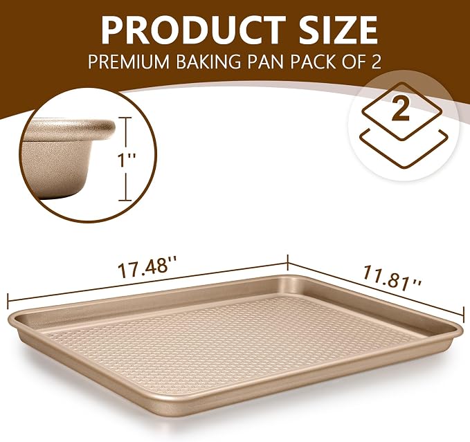 Wildone Baking Sheet Pan Set of 2, Honeycomb Embossed Nonstick Cookie Sheet | Thicker Carbon Steel Half Sheet Pan Oven Tray 17.5x12 Inch, Heavy Duty & Easy Clean, Champagne Gold