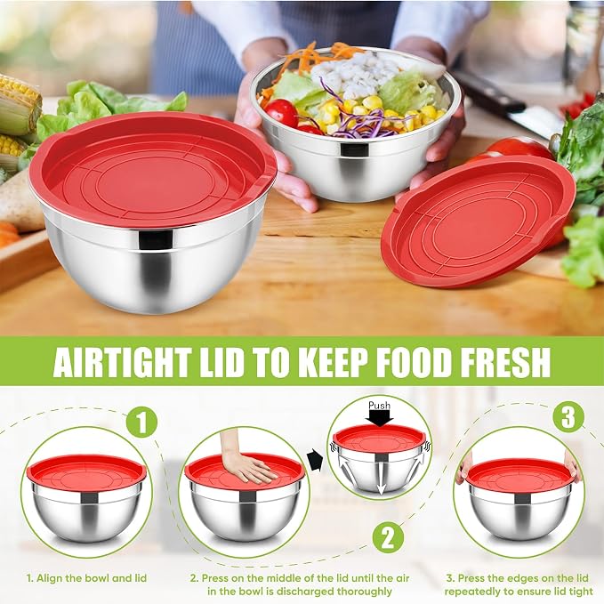 P&P CHEF Metal Mixing Bowls with Lids Set, Airtight Lids & Red | 5 PCS Stainless Steel Mixing Nesting Bowls for Kitchen Prepping, Storing, Healthy & Easy Clean, Size 4.6, 3, 1.5, 1, 0.7 QT