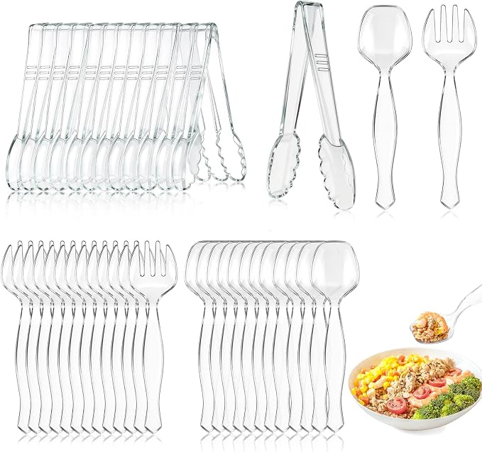 Mwellewm 36Pcs Serving Utensils Large Plastic Serving Utensils Set Serving Spoons for Buffet Clear Disposable Plastic Tongs 8.5'' Heavy Duty Slotted Spoons/Forks Supplies for Party Food Salad Soup