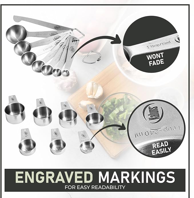 Kaluns Stainless Steel Measuring Cups, Measuring Spoons,16 Piece Measuring Cups and Spoons Set Includes Leveler and Measurements Card, Heavy-duty, Heat and Rust Resistant