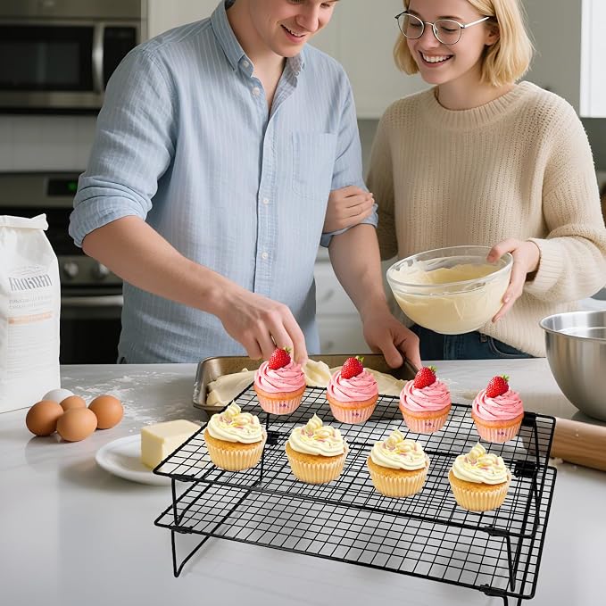 2-Pack 16.9x11inch Cooling Rack with Collapsible Legs & Food Tongs | Folding Cooking Baking Grilling Rack for Oven, Drying, Roasting (Black)
