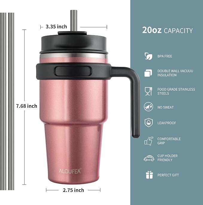 20 oz Insulated Travel Coffee Mug Tumbler with Handle and Straw | Leakproof Stainless Steel Coffee Cup with Lid, Double Wall Vacuum Ice Thermal Cup, Rose Gold