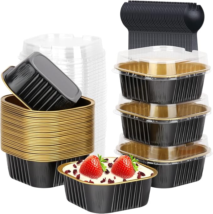 LNYZQUS 10oz Mini Cake Pans with Lids, Small Cinnamon Roll Containers | 40 Pack, Individual, Black, Disposable, Aluminum Foil, Square Baking Tins, 4 Inch Dessert Cups for Bake Sale Treats
