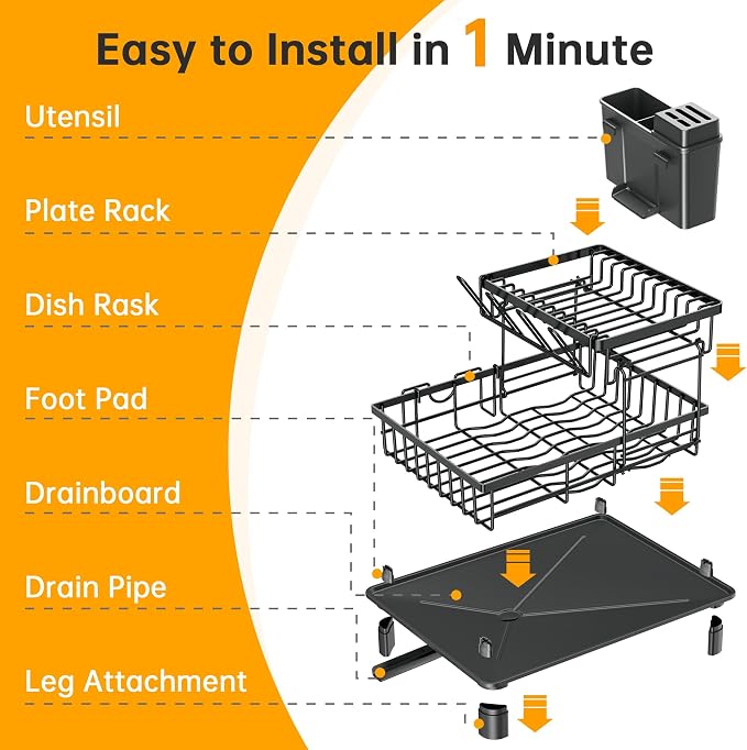 2 Tier Large Detachable Dish Drying Rack for Kitchen Counter,Black | Compact Drying Rack Kitchen, Rust-Resistant Dish Drainer Organizer, Space-Saving Dish Racks with Drainboard, Utensil Holder