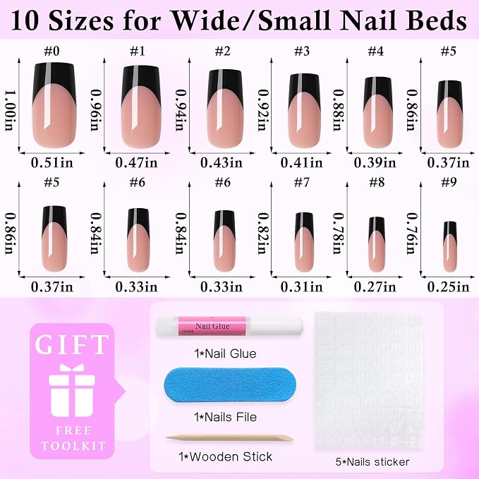 240pc Black French Tip Press on Nails Medium Square Acrylic Nail, Coffee Press ons Fake Nails with Glue & Tabs, 12 Sizes Glue on Nails Medium Press-on Nail Square Stick on Nail for Women Manicure