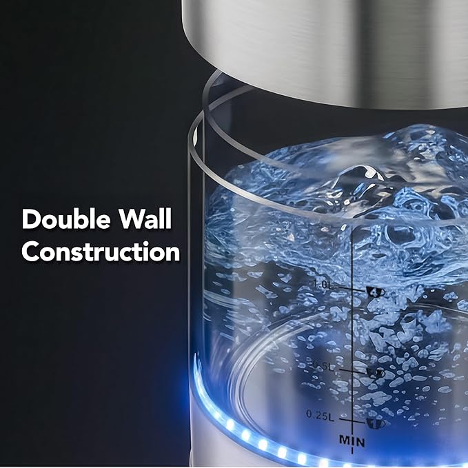 OVENTE 1.7L Double Wall Glass Electric Kettle Water Boiler, Silver KG912S | 1500W Fast Boiling, Easy Fill Lid, Borosilicate Glass, Cool-Touch Design, Blue LED, Auto Shut-Off, Boil-Dry Protection