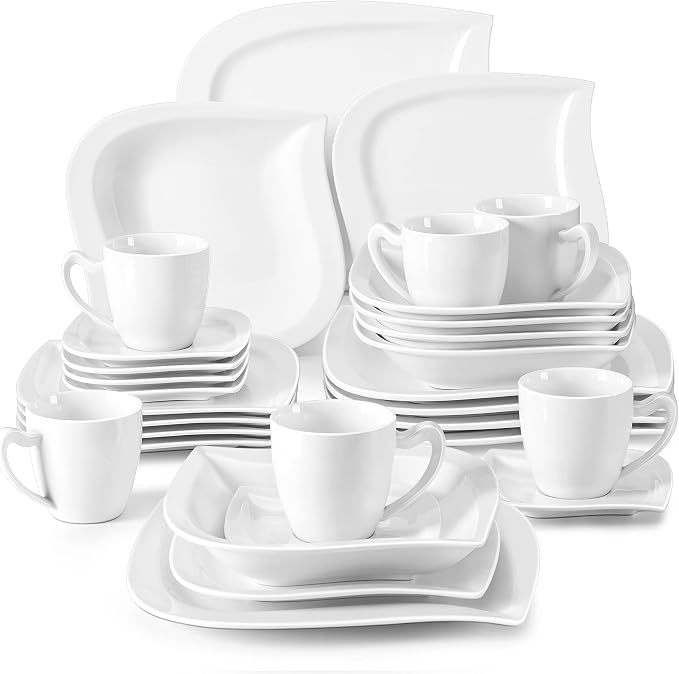 MALACASA 30 Piece Porcelain Dinnerware Set, Ivory White for 6 | Complete with Plates, Bowls, Cups, Saucers, Microwave Oven and Dishwasher Safe Porcelain, Modern Square Design, Service for 6