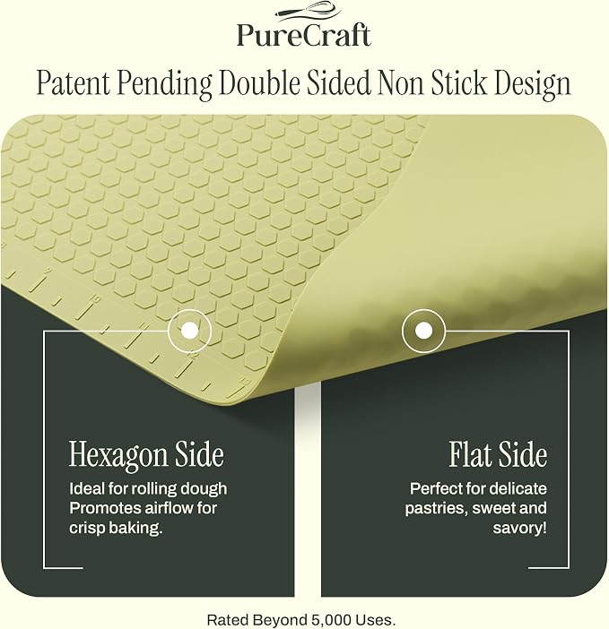 PureCraft Silicone Baking Mat, Double-Sided Non Stick Mat with Textured Airflow Surface, LFGB Certified Silicone, 17.5" x 12.5" Cookie Sheet Liner with embedded measurement markings, easy to store