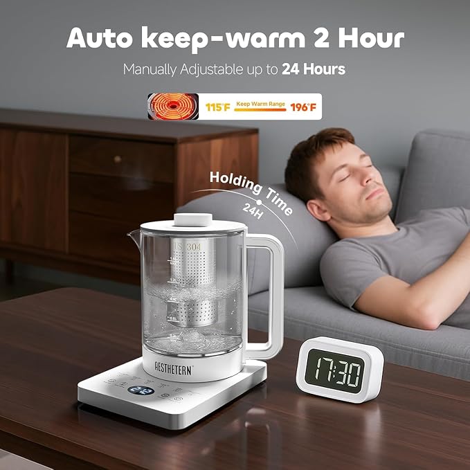 Electric Tea Kettle with Infuser, 1.5L Glass Water Boiler with Temperature Control, 24H Keep Warm & Auto Shut-Off, White