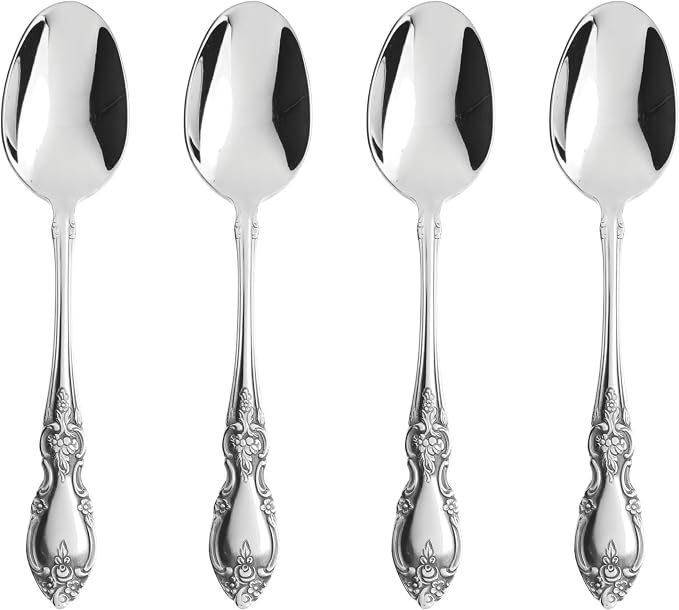 Oneida Louisiana Dinner Spoons Silverware Set for 4, Flatware | 18/8 stainless steel, mirror finish | 6.8 inch length | great for soup or everyday dining, cutlery set, utensil set