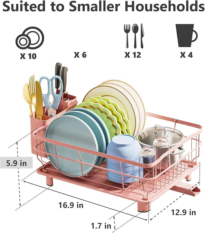 AIDERLY Auto Drain Metal Dish Drying Rack Dish Drainers, Pink | with Draining Tray, Strainer, for Kitchen Counter, Sink