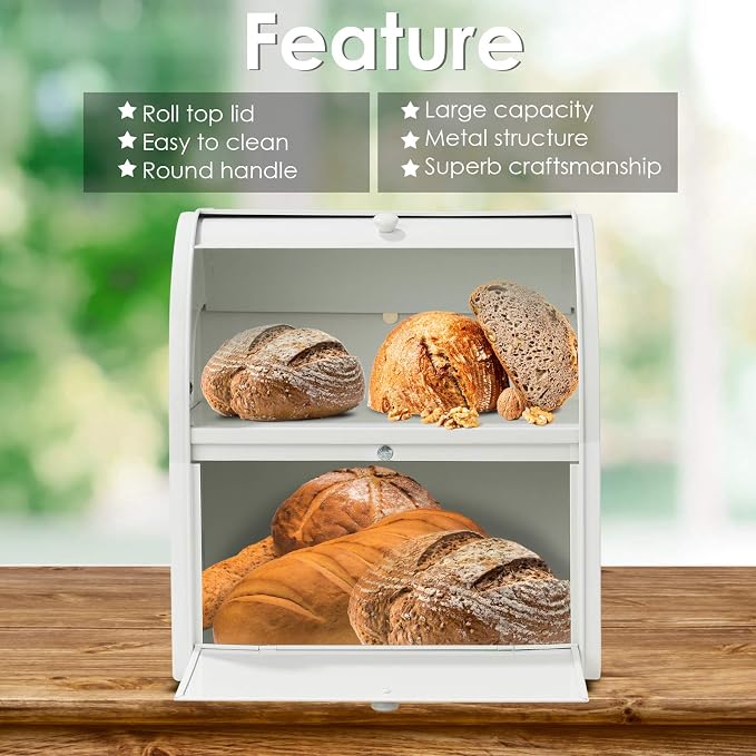 Olebes Bread Box, Metal Bread Box For Kitchen Countertop, Bread Storage Container Holds 2 Loaves Of Bread, High Capacity Breadbox, Bread Holder Suit Farmhouse Kitchen Decor For Counter (White)