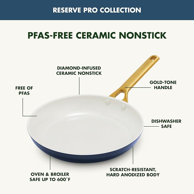 GreenPan Nonstick Reserve Pro 8" Frying Pan, NSF Certified Ceramic, Hard Anodized PFAS-Free Skillet, Stainless Steel Handles, Oven & Dishwasher Safe, Twilight Blue