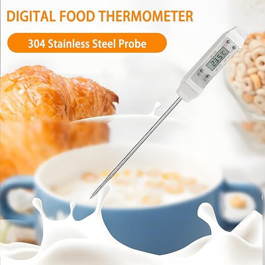 Meat Thermometer, Waterproof Digital Food Thermometer Instant Read with 120mm Long Probe, Automatic Calibration, Kitchen Cooking Thermometer for BBQ, Grill, Water Temperature(White)